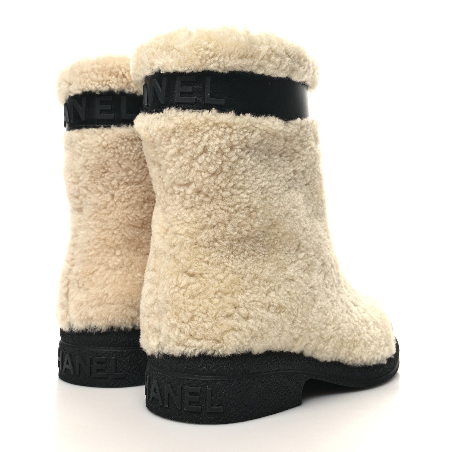 Chanel Calfskin Shearling Cap Toe Boots 37 Beige Black 4 of 9