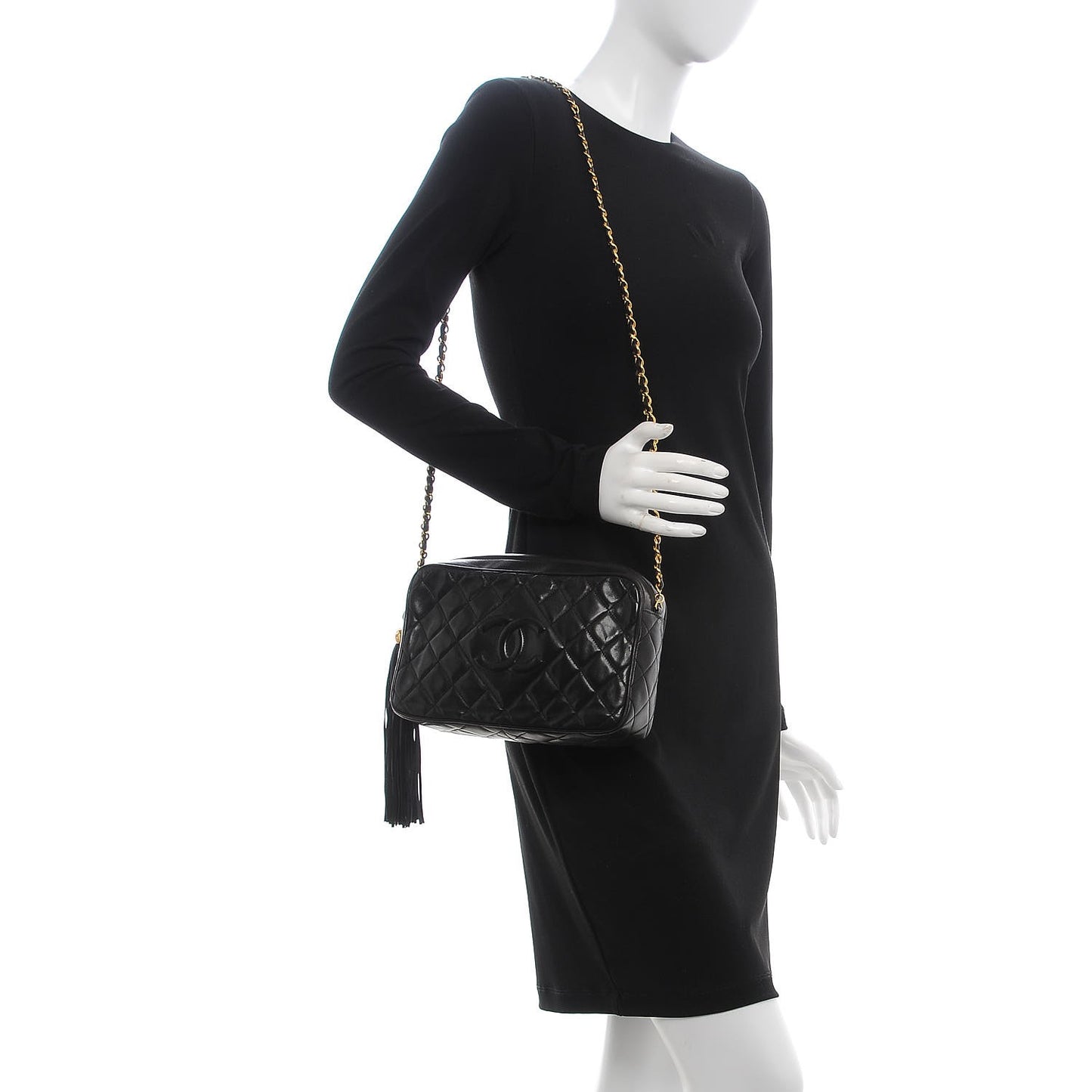 Lambskin Quilted CC Tassel Camera Case Black