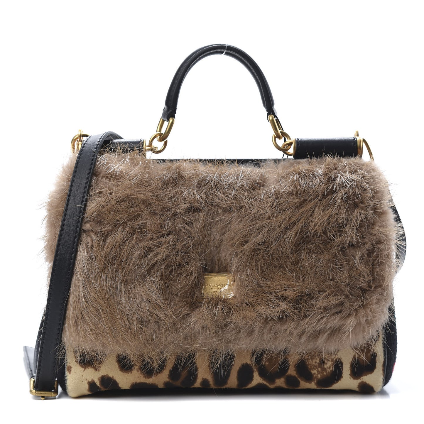 Calf Hair Leopard Crochet Medium Miss Sicily Satchel Beige Camel