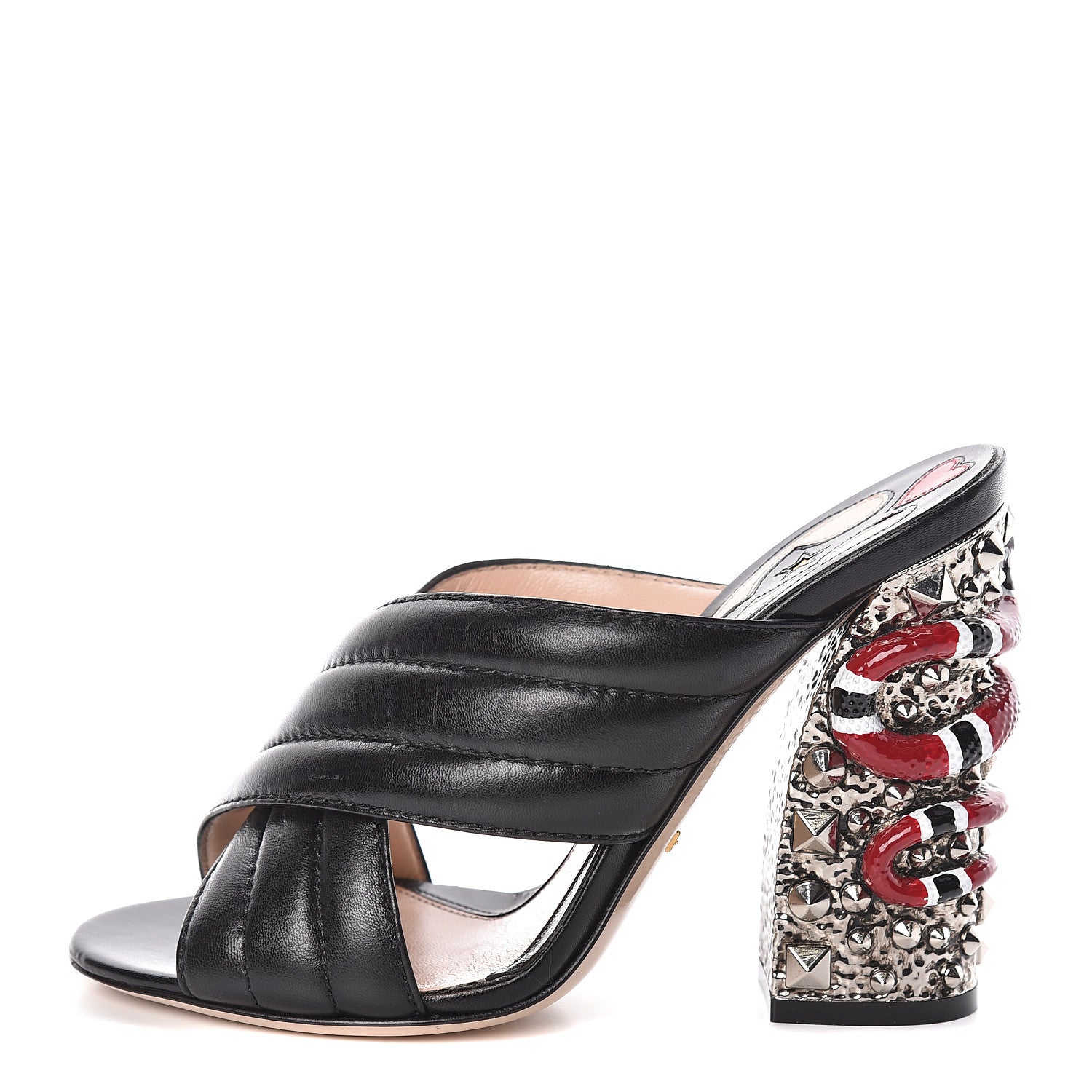 Gucci Malaga Kid Kingsnake Webby Crossover High Heel Slide Sandals 37.5 Black 1 of 14