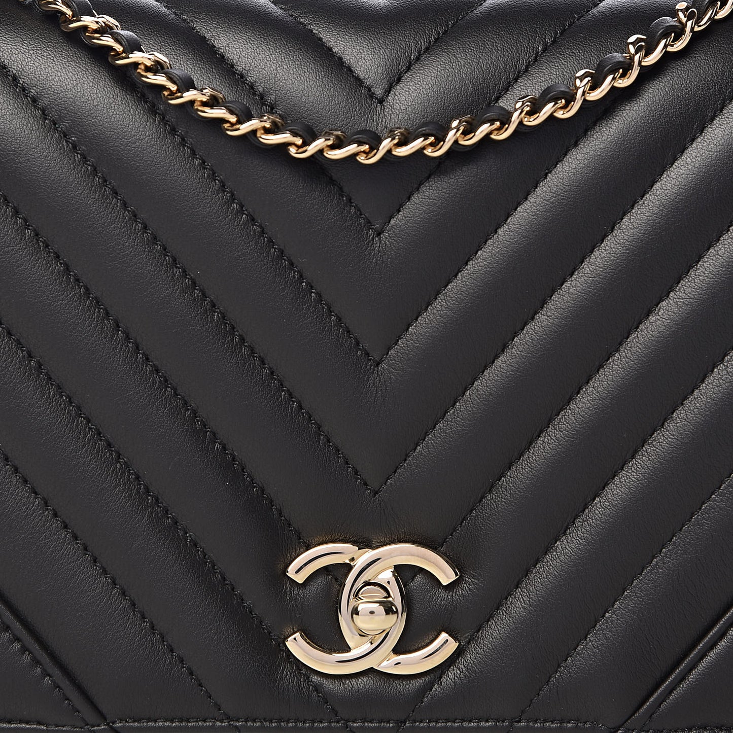 Calfskin Chevron Quilted Statement Flap Black