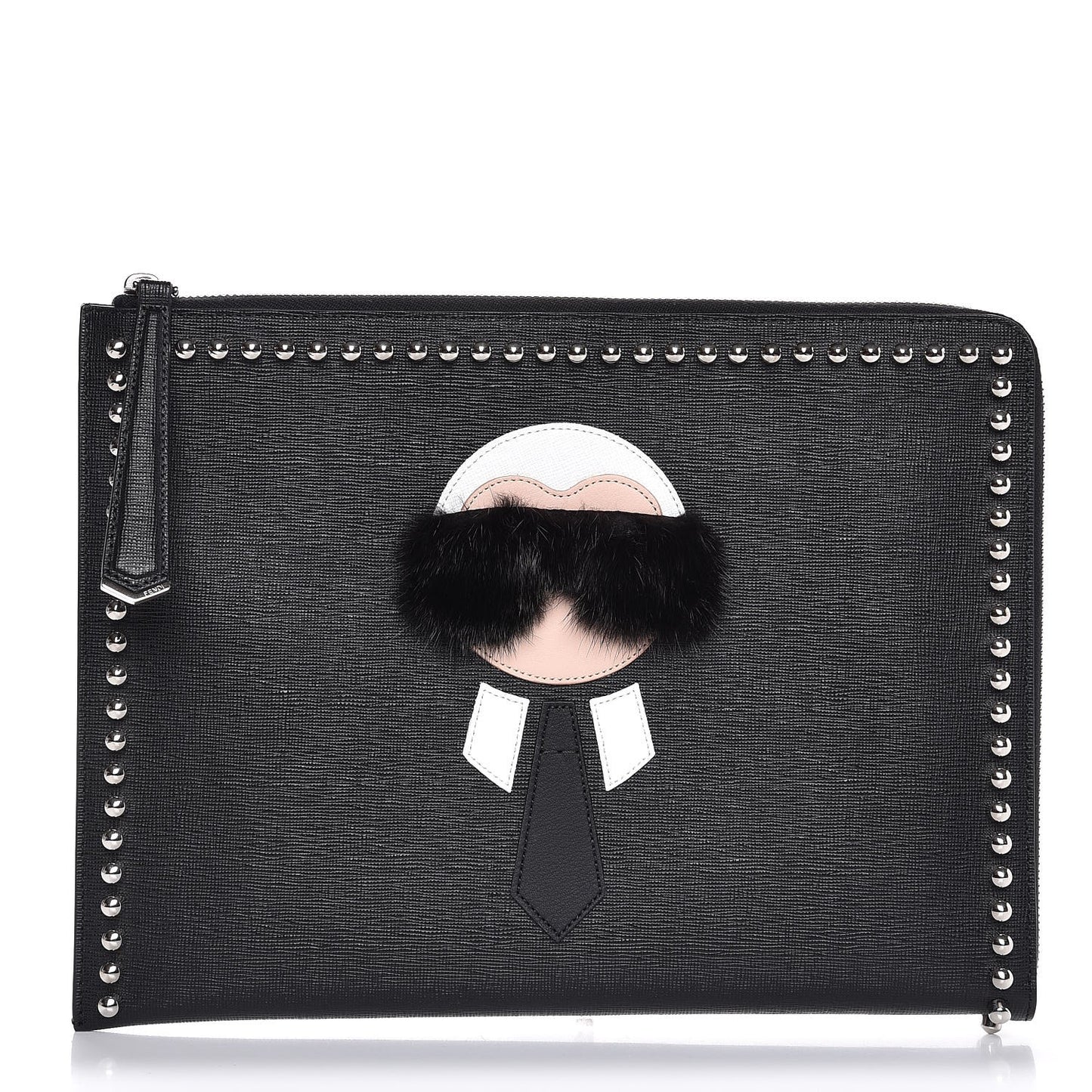 Vitello Elite Mink Fur Studded Karlito Zip Around Pouch Black