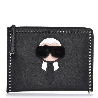Fendi Vitello Elite Mink Fur Studded Karlito Zip Around Pouch Black 1 of 7