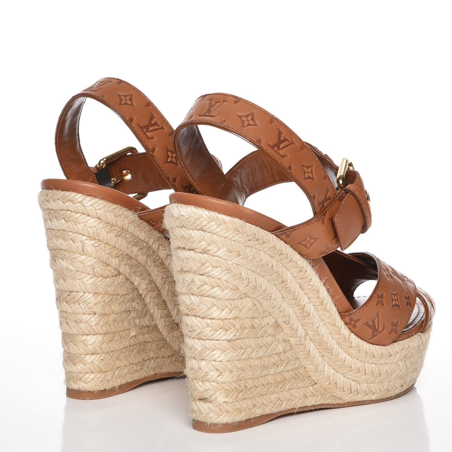 Calfskin Monogram Embossed Espadrille Wedge Sandals 36.5 Cognac