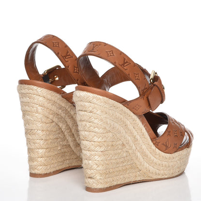 Louis Vuitton Calfskin Monogram Embossed Espadrille Wedge Sandals 36.5 Cognac 4 of 9