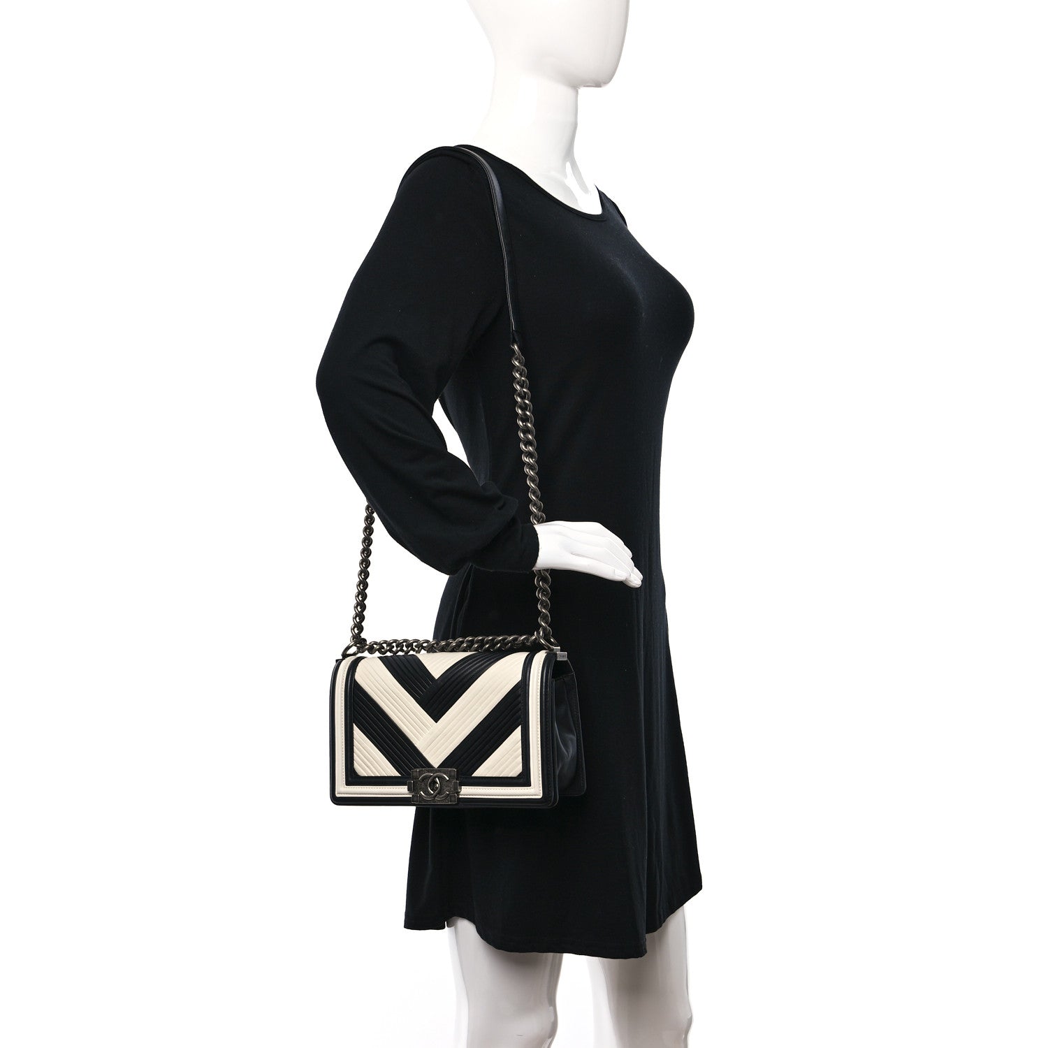 Chanel Calfskin Pleated Medium Boy In Rome Flap Black White 2 of 10