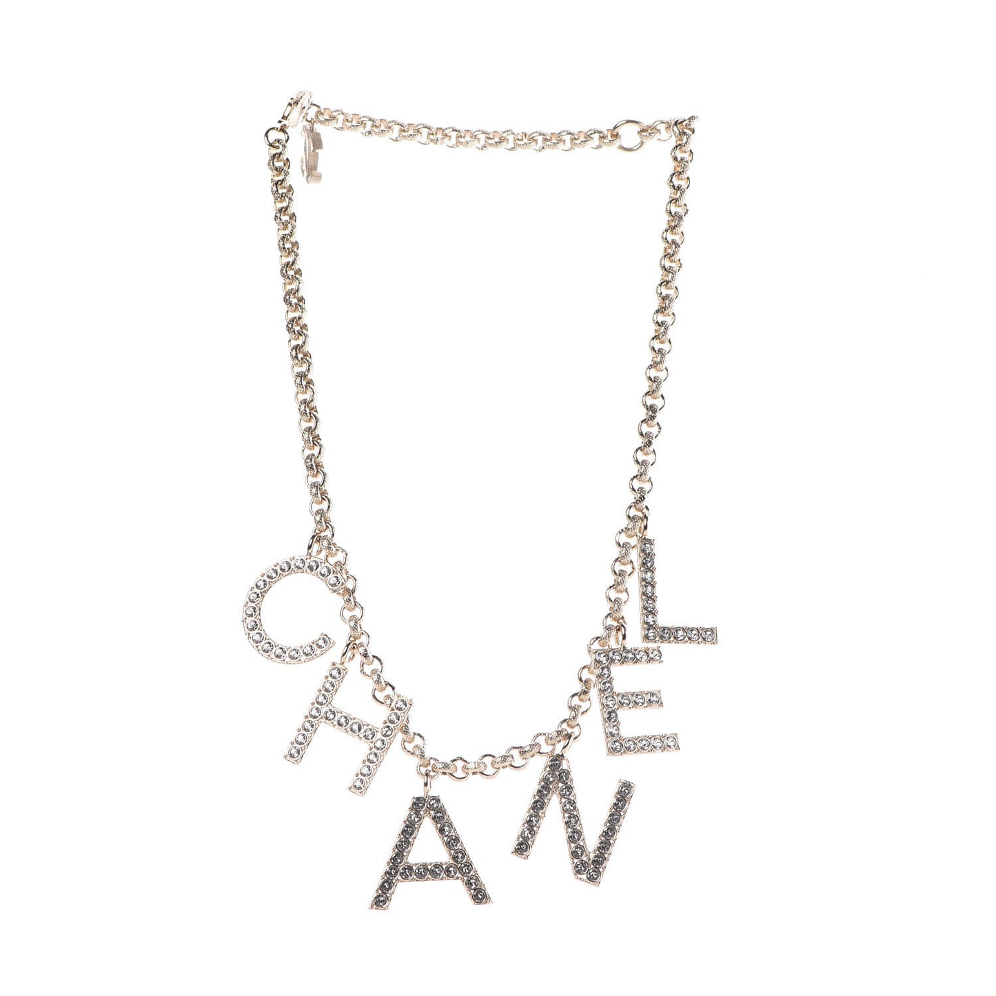 Metal Crystal Cha-Nel Logo Necklace Gold