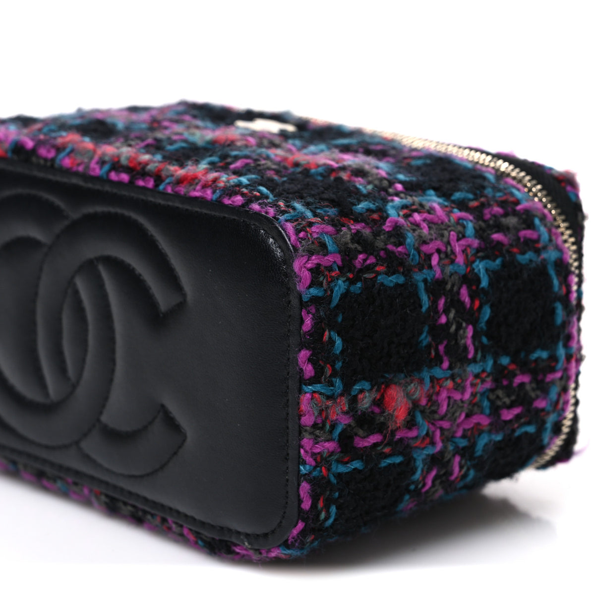 Chanel Tweed Quilted Small Vanity Case With Chain Black Purple Green Red 10 of 10