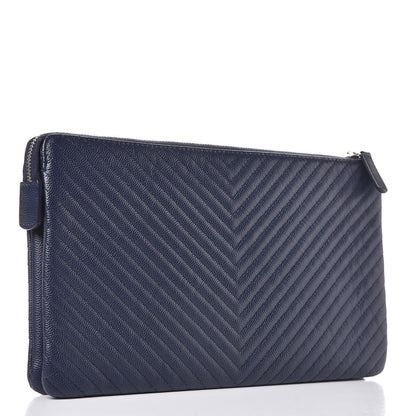 Chanel Caviar Chevron Quilted Large Zipped Clutch Navy 3 of 9