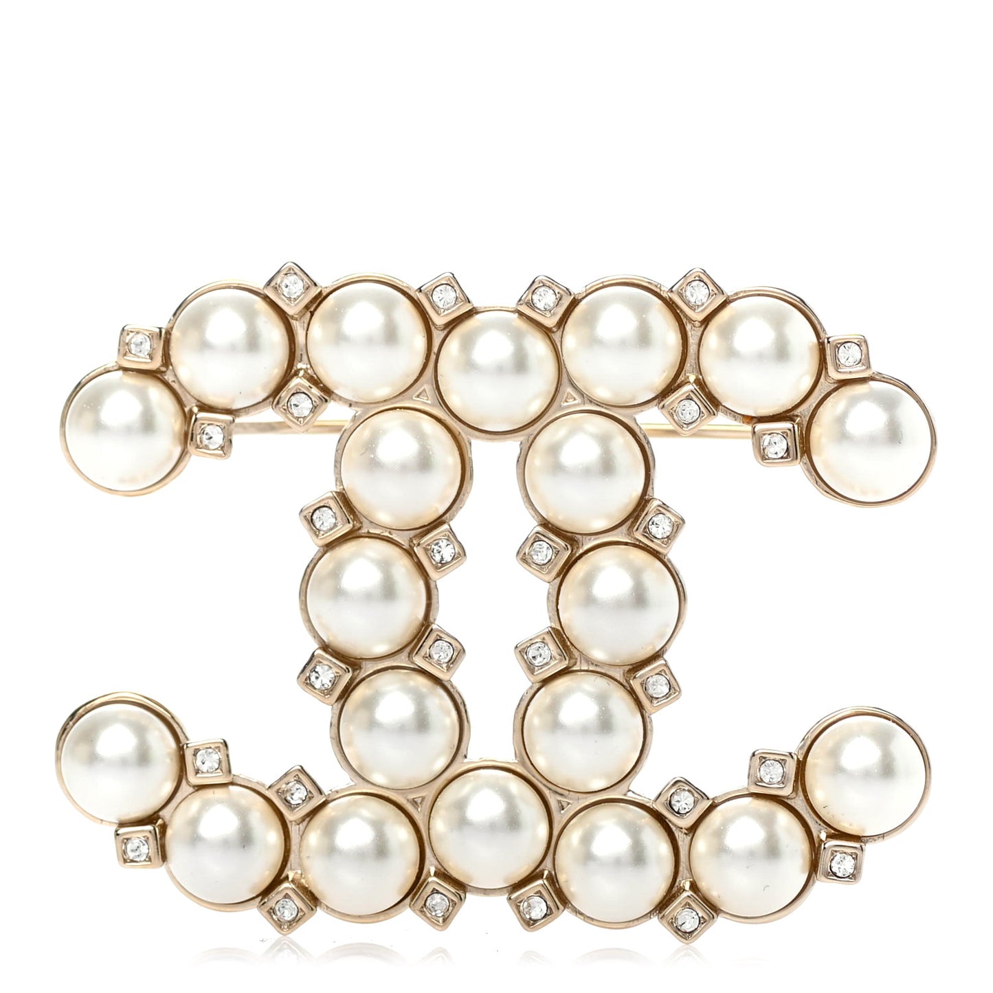 Crystal Pearl CC Brooch Gold