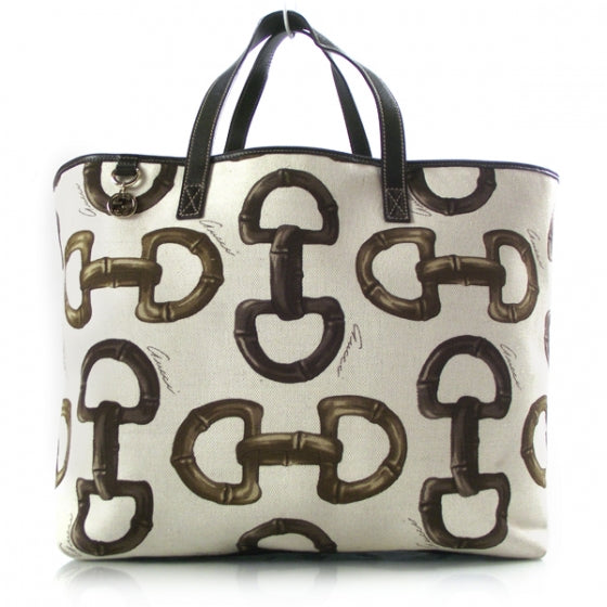 Canvas Bamboo Horsebit Print Tote White