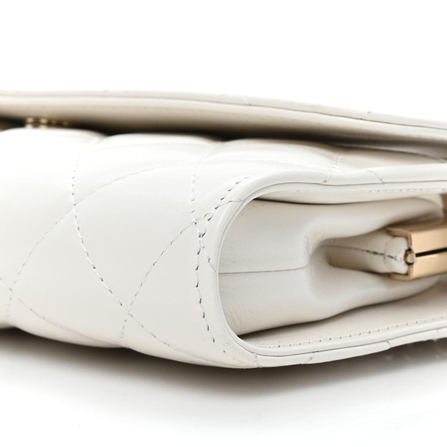 Shiny Calfskin Quilted Flap Phone Holder With Chain White