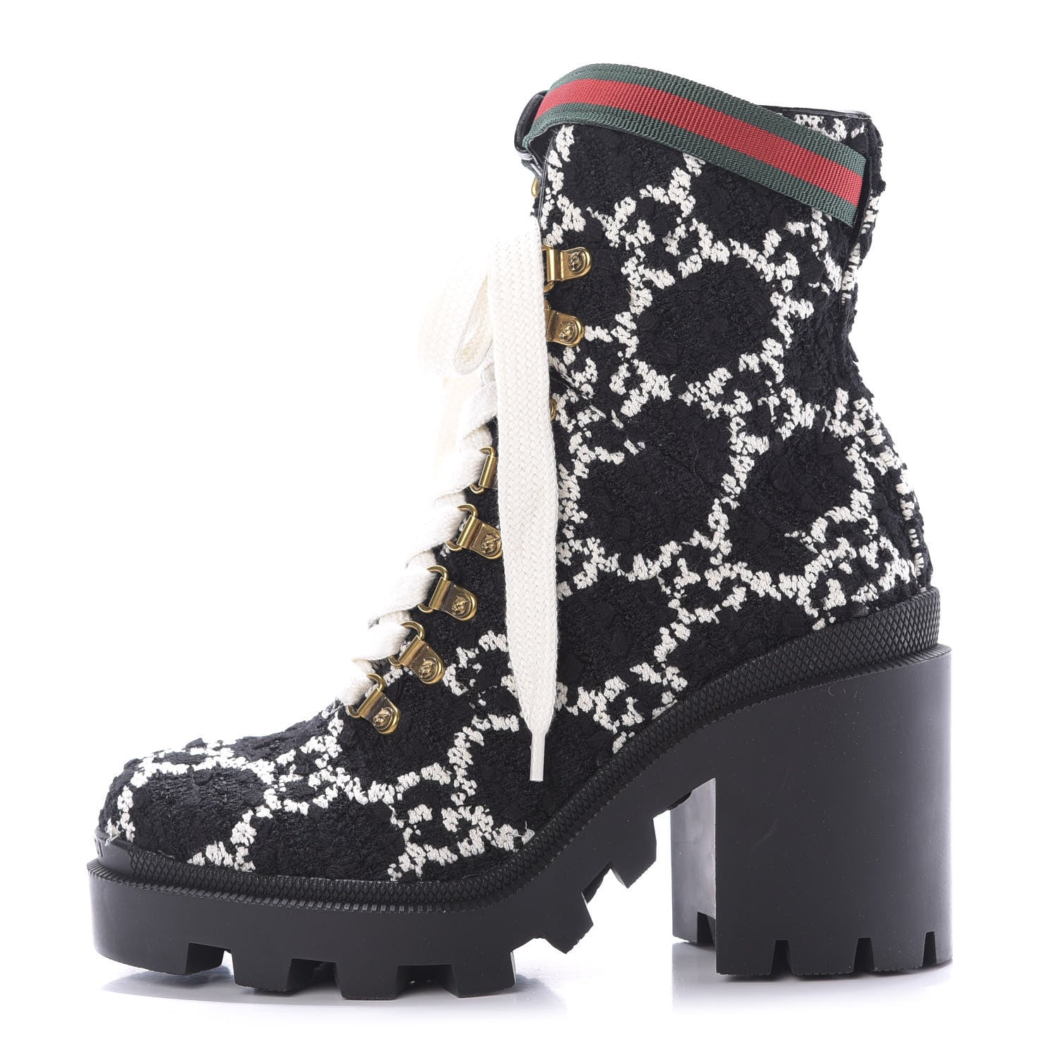 Gucci Tweed GG Monogram Lace Up Combat Ankle Boots 37.5 Black 1 of 9