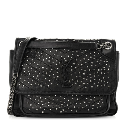 Saint Laurent Calfskin Matelasse Monogram Studded Stardust Medium Niki Chain Satchel Black 1 of 11