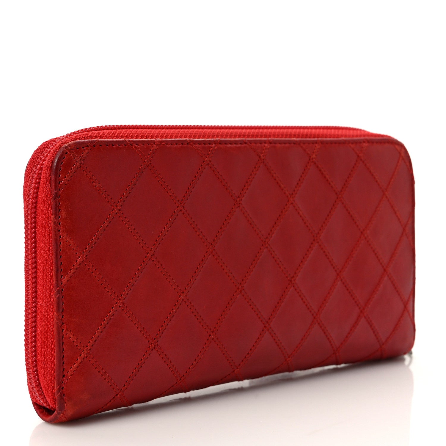 Chanel Calfskin Diamond Stitch Zip Around Wallet Red 3 of 9