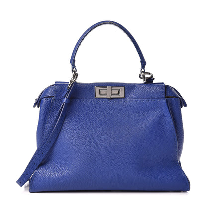 Fendi Cuoio Romano Selleria Bi-Color Medium Peekaboo Iconic Satchel Blue Neon Latte 1 of 12
