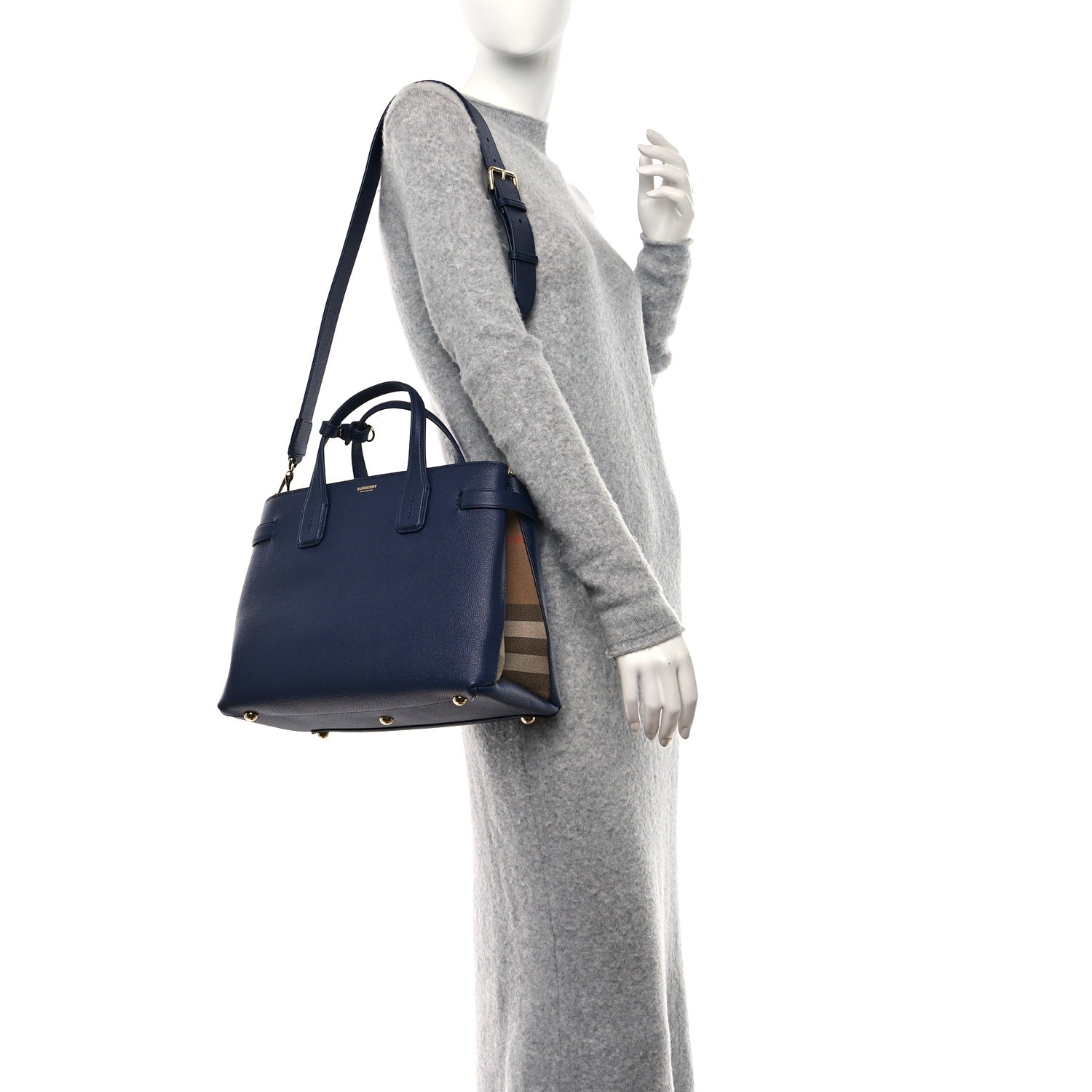 Burberry Derby Calfskin Vintage Check Medium Banner Tote Regency Blue 2 of 8