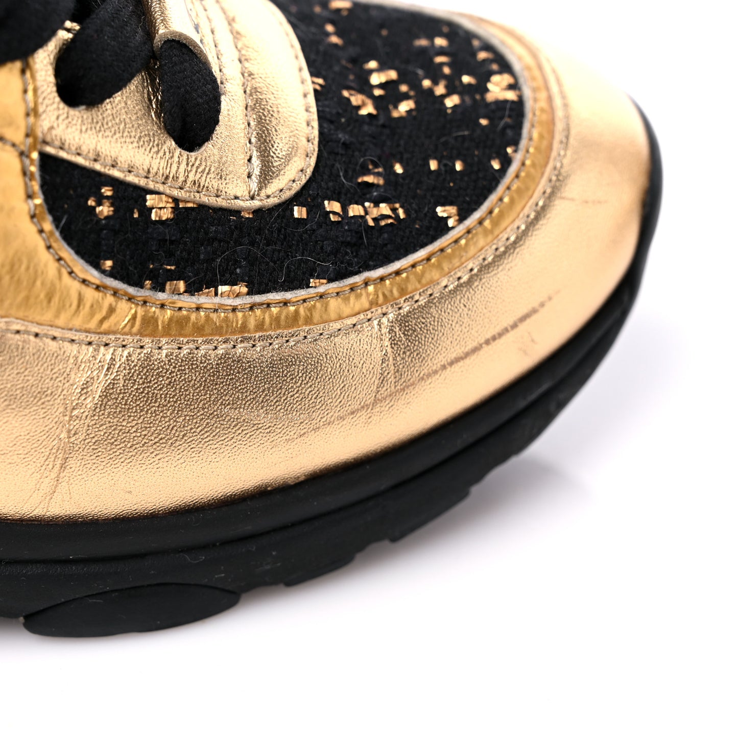 Satin Lambskin Fabric Tweed CC Sneakers 35.5 Gold Black