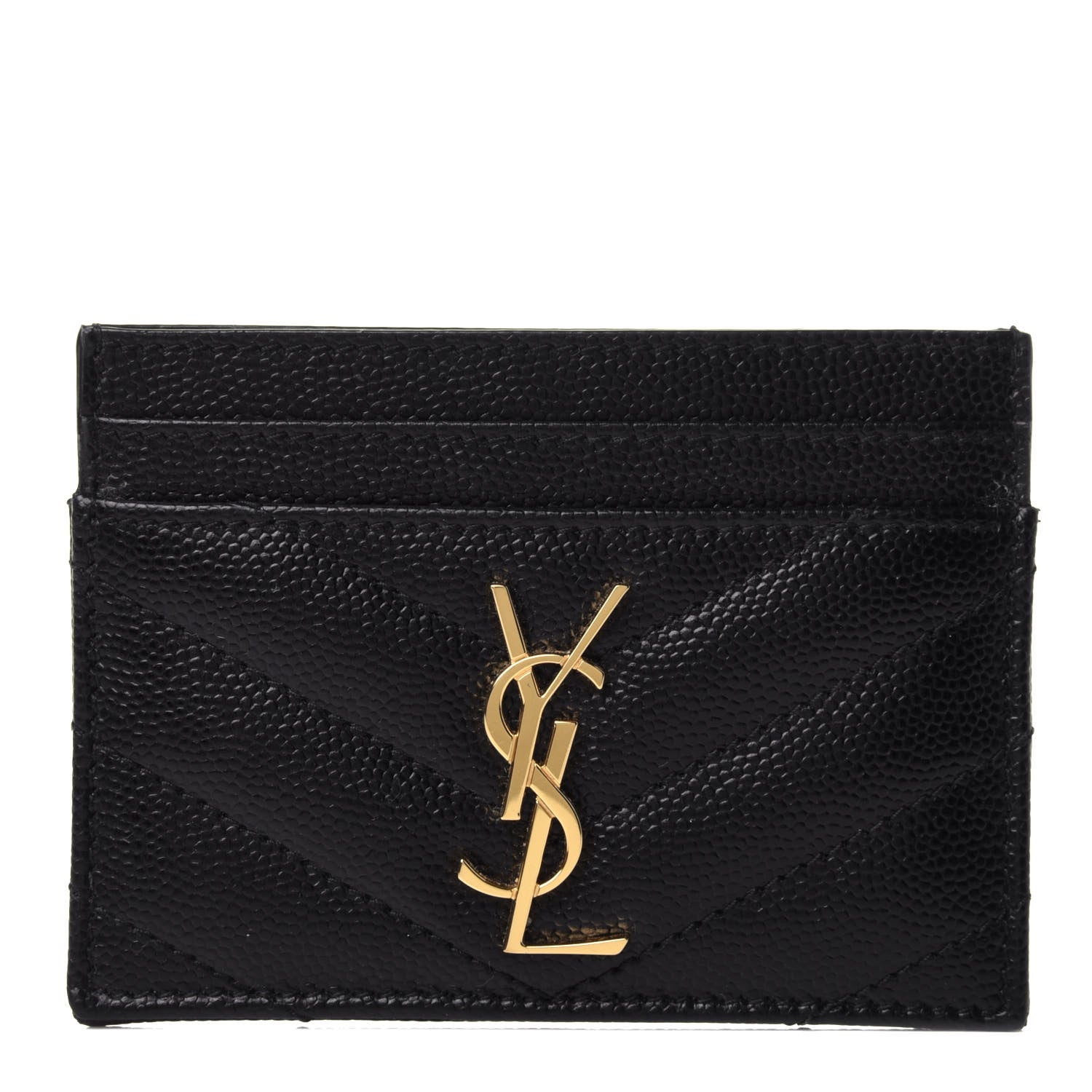 Saint Laurent Grain De Poudre Matelasse Chevron Monogram Credit Card Case Black 1 of 4