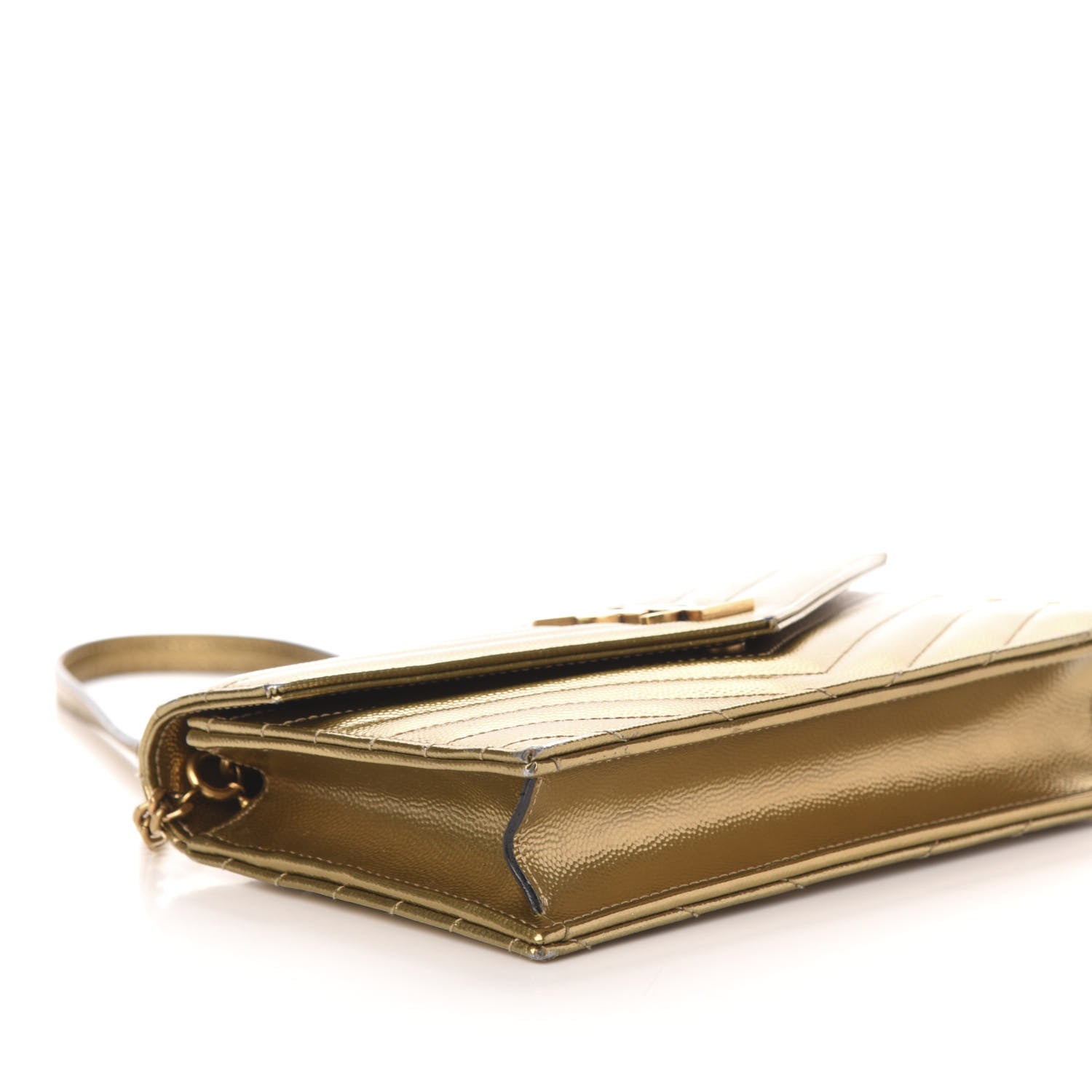 Saint Laurent Metallic Calfskin Matelasse Chevron Monogram Envelope Chain Wallet Antic Gold 9 of 12