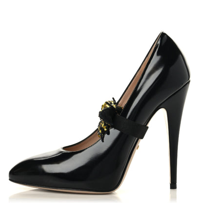 Gucci Polished Calfskin Removable Bee Elaisa Platform High Heel Pumps 37.5 Black 1 of 8