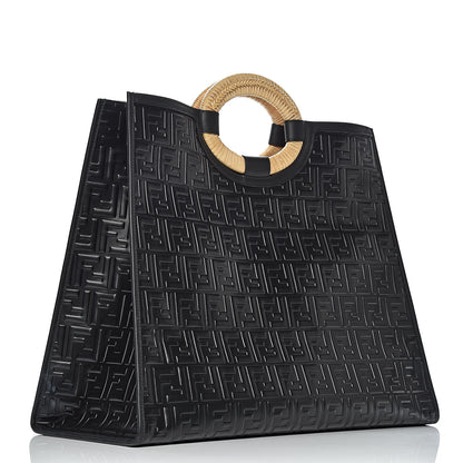 Fendi Vitello Century Wicker FF 1974 Embossed Large Runaway Shopper Tote Black 3 of 10