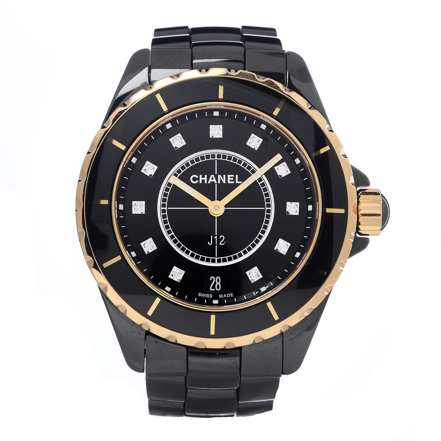 Chanel Stainless Steel 18K Yellow Gold Ceramic Diamond 38mm J12 Quartz Watch Black 1 of 7