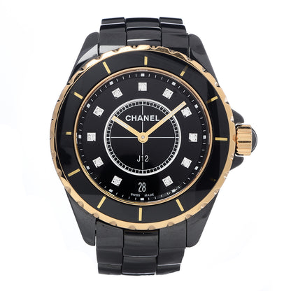 Chanel Stainless Steel 18K Yellow Gold Ceramic Diamond 38mm J12 Quartz Watch Black 1 of 7