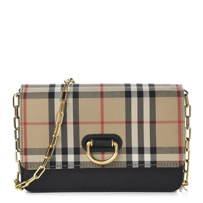 Burberry Goatskin Cotton Canvas Vintage Check D-Ring Mini Bag Black Antique Yellow 1 of 9