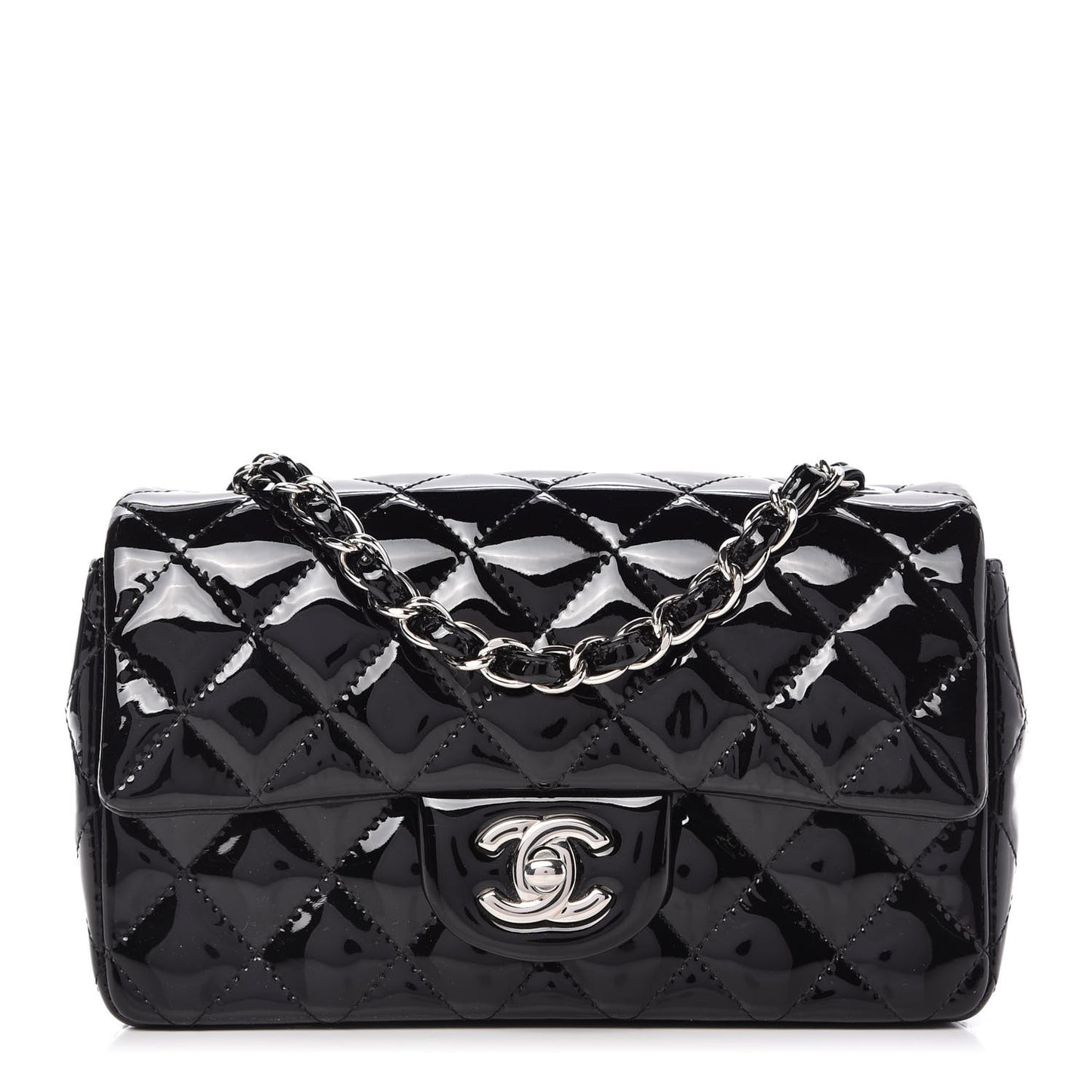 Patent Calfskin Quilted Mini Rectangular Flap Black