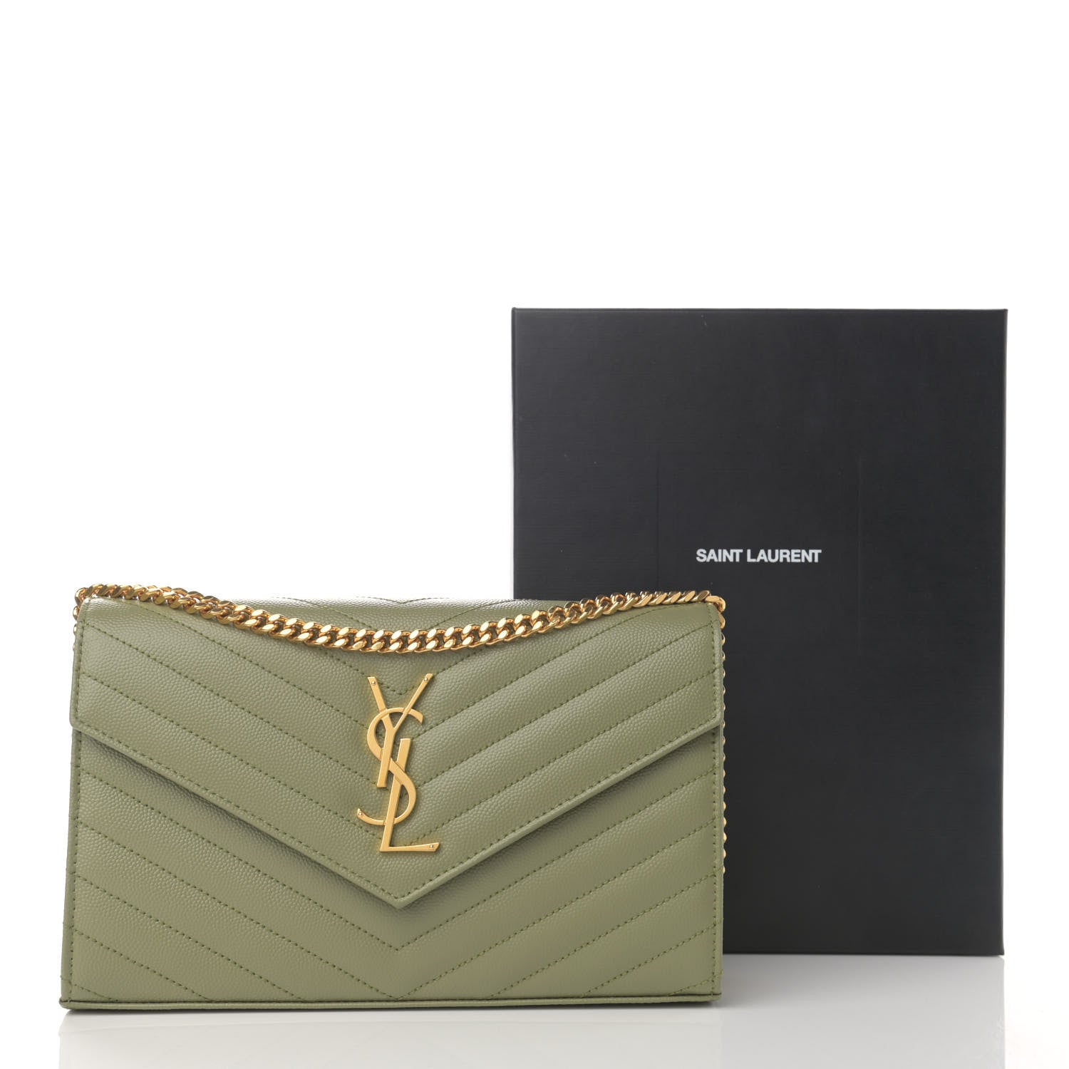 Saint Laurent Grain De Poudre Matelasse Chevron Monogram Chain Wallet Pistachio 11 of 11