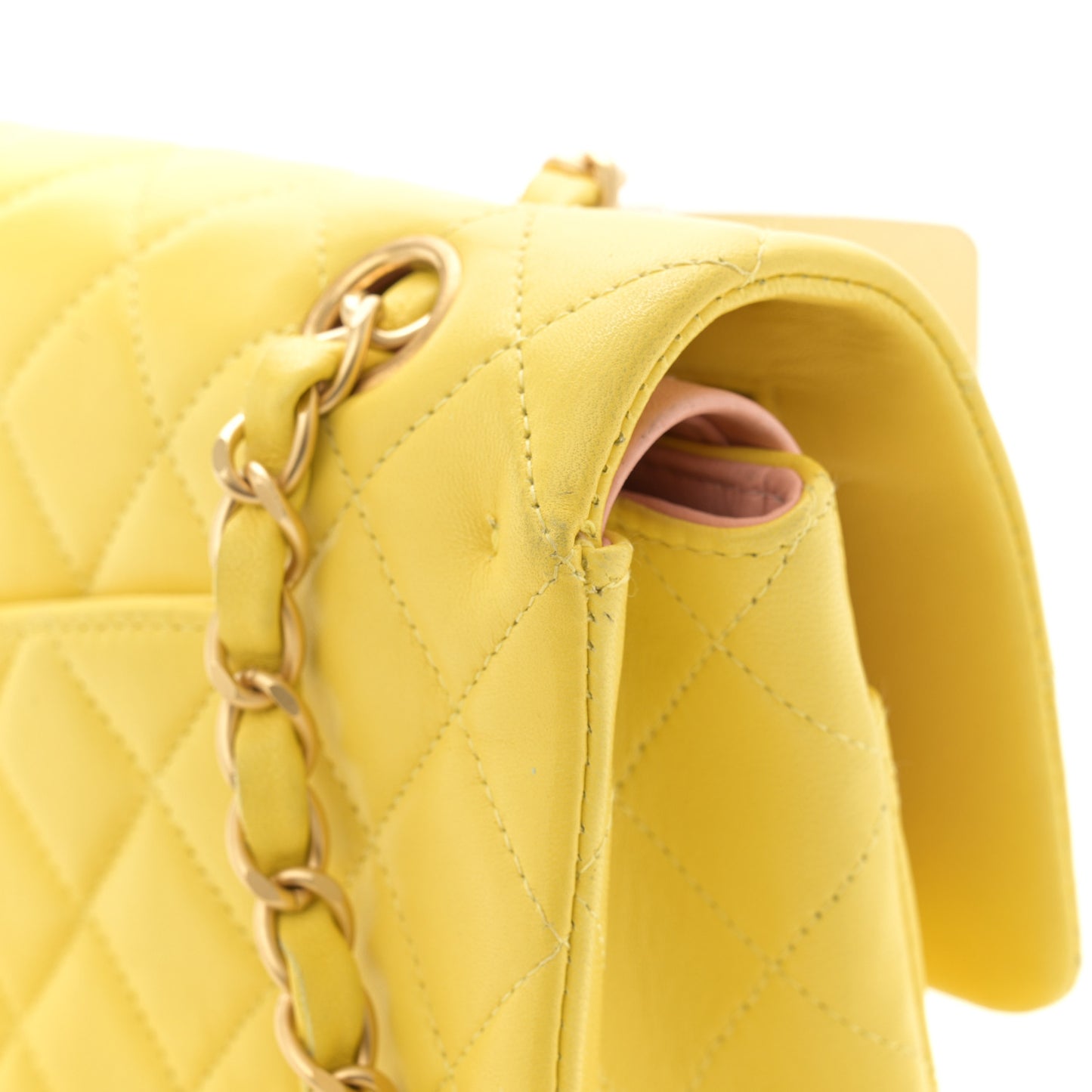 Lambskin Quilted Medium Double Flap Yellow Pink