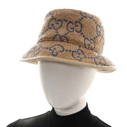 Gucci Raffia GG Monogram Embroidered Fedora Hat M Beige Blue 2 of 9