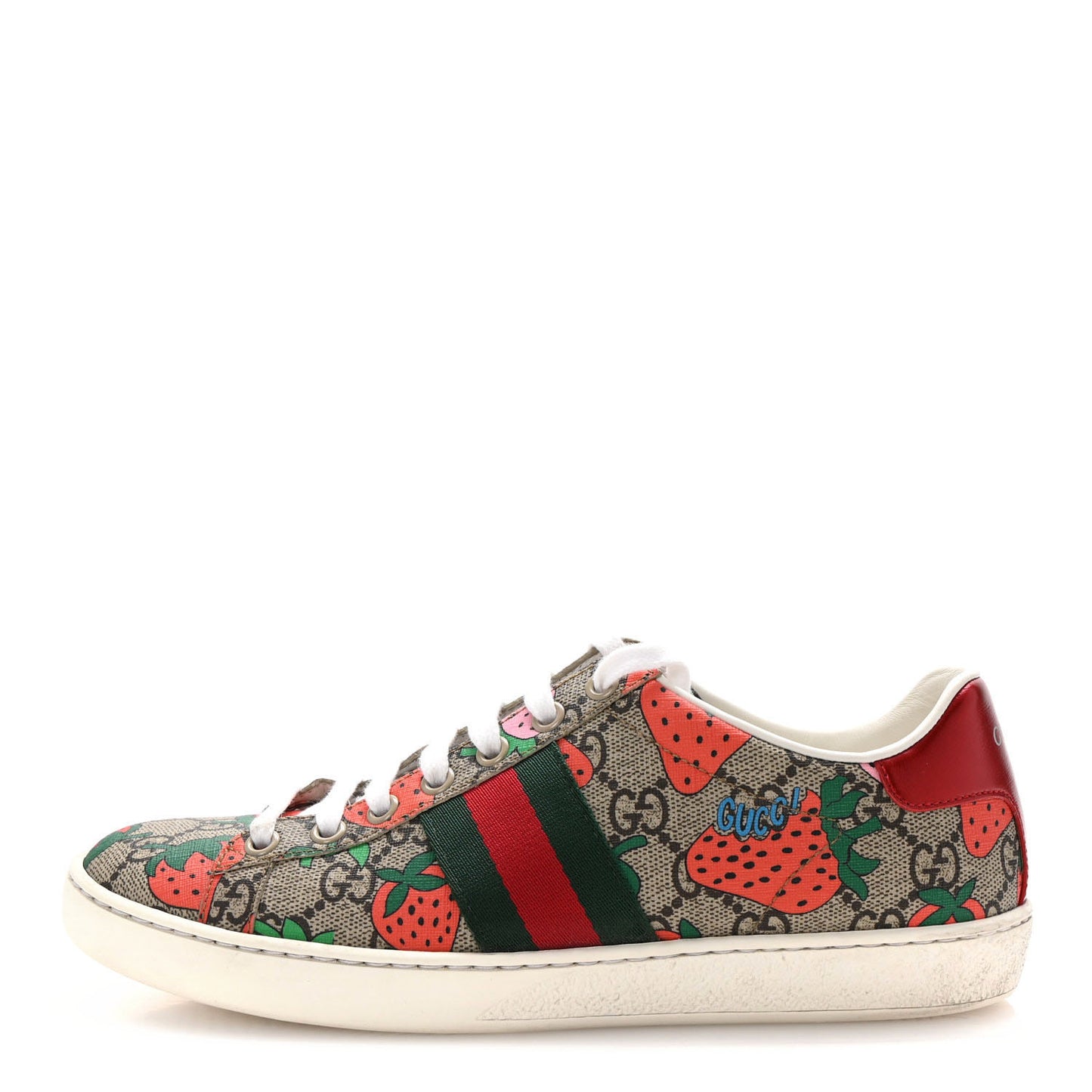 GG Supreme Monogram Strawberry Web Womens Ace Sneakers 37 Beige Multicolor Red Green