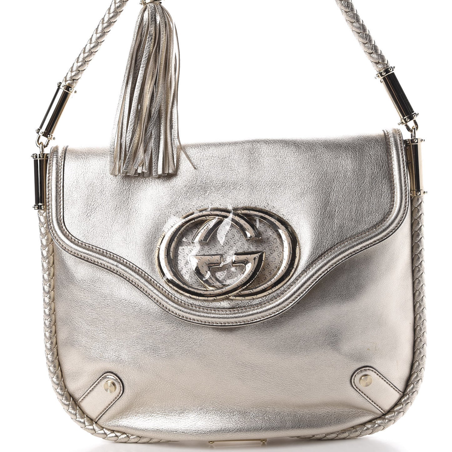 Metallic Calfskin Medium Britt Tassel Shoulder Bag Platinum