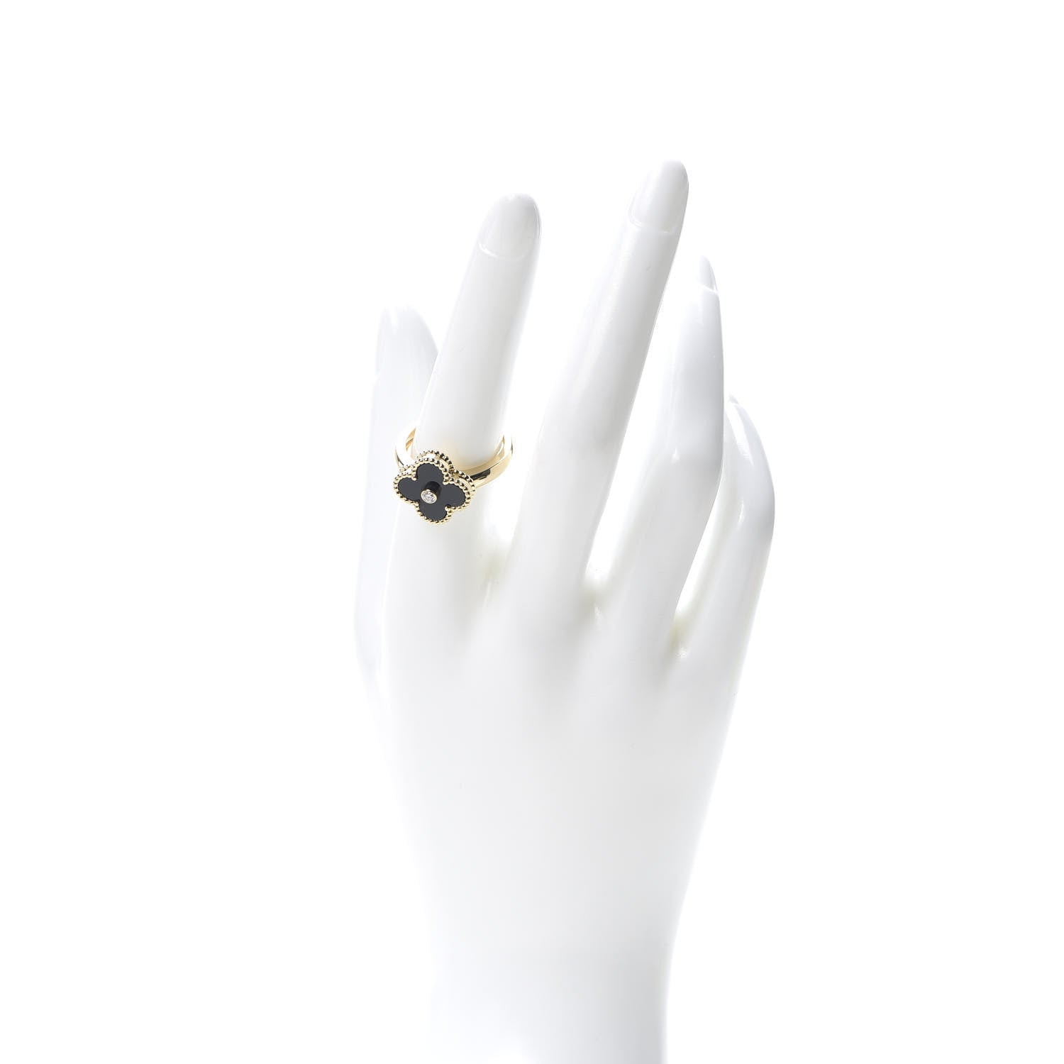 Van Cleef & Arpels 18K Yellow Gold Diamond Black Onyx Vintage Alhambra Ring 56 7.75 2 of 7