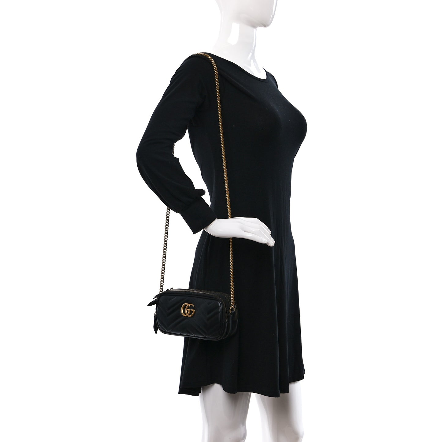 Calfskin Matelasse Mini GG Marmont Chain Crossbody Bag Black