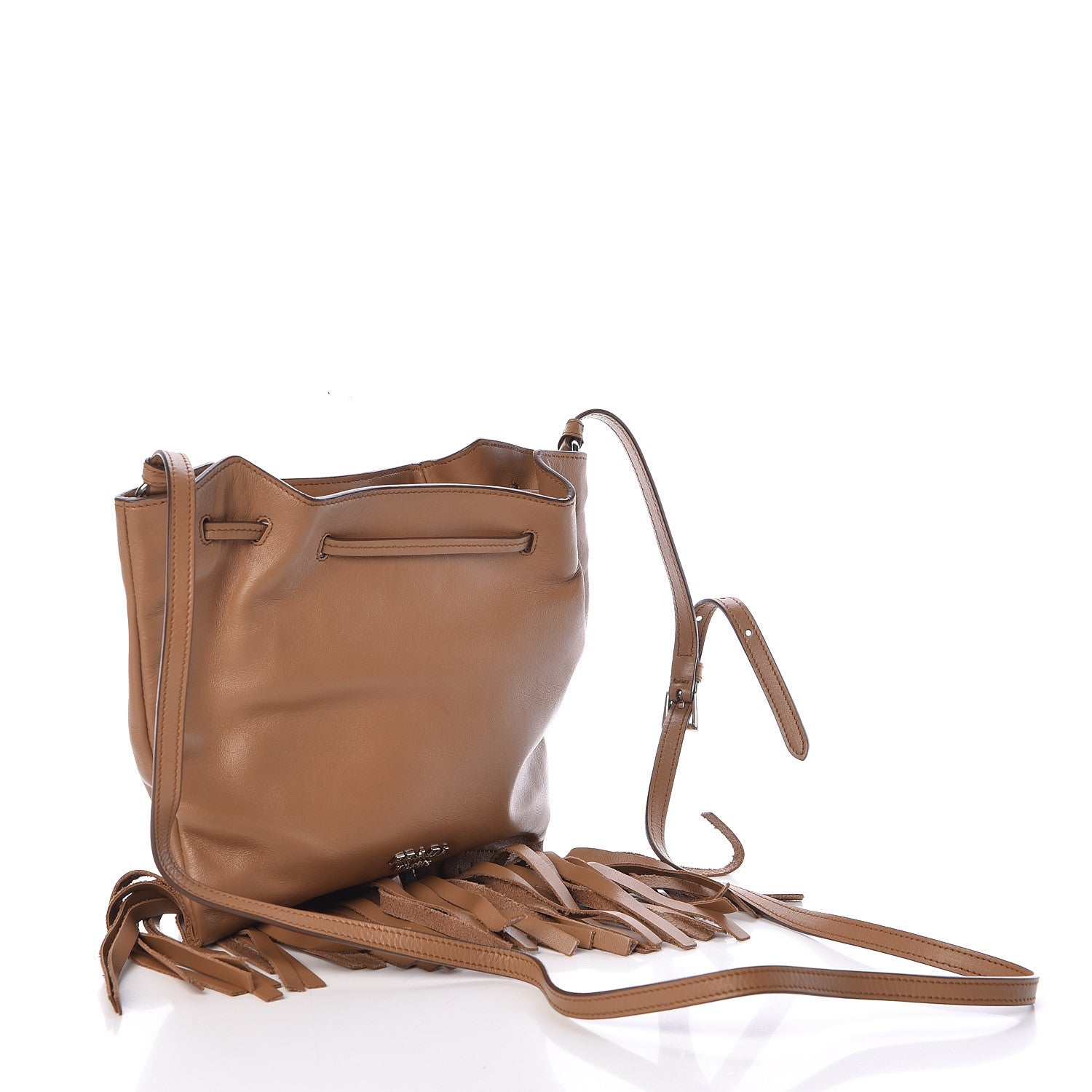 Prada Soft Calf Drawstring Fringe Crossbody Tan 3 of 9