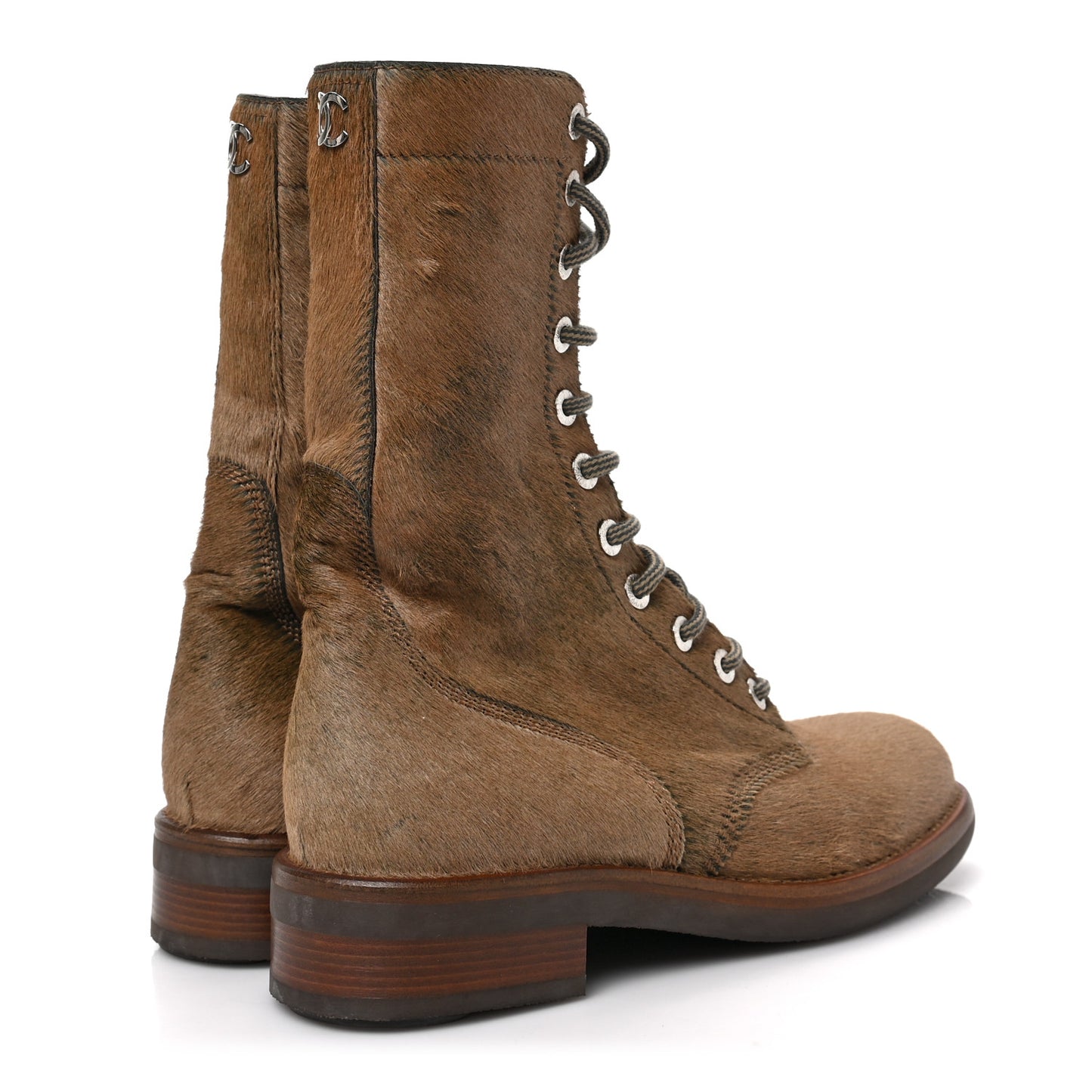 Calfskin Pony Hair Lace Up Combat Boots 37.5 Brown