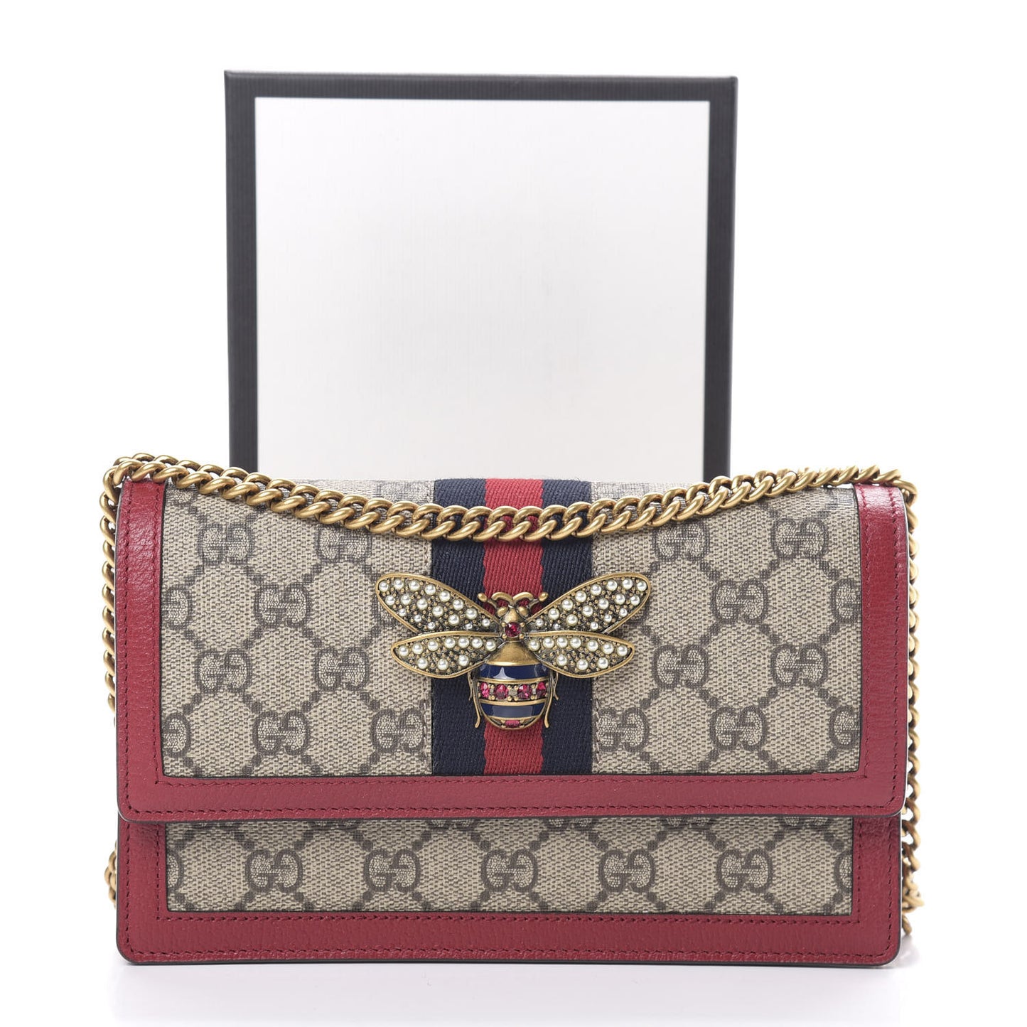 GG Supreme Monogram Web Queen Margaret Chain Wallet Red