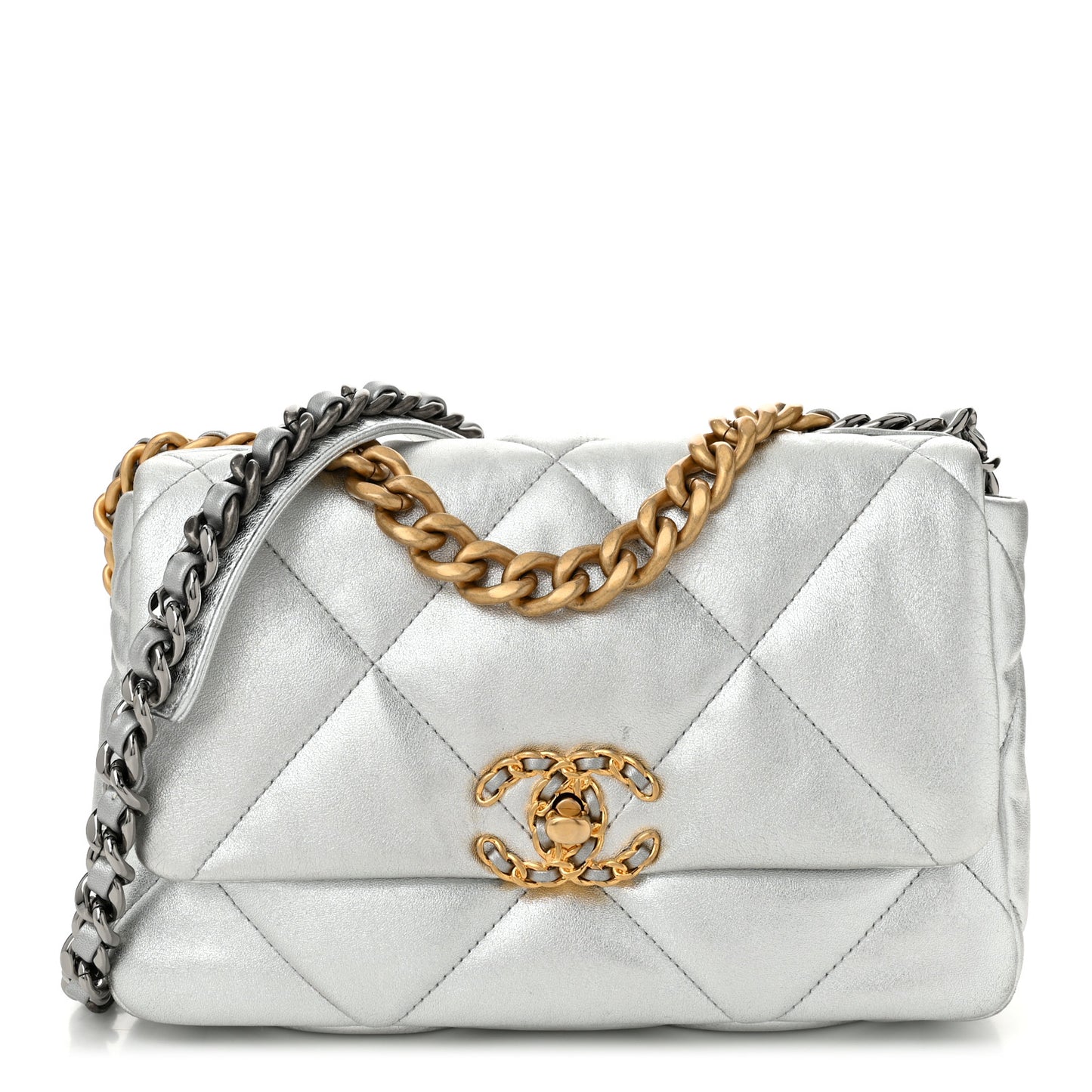 Metallic Lambskin Quilted Medium Chanel 19 Flap Silver