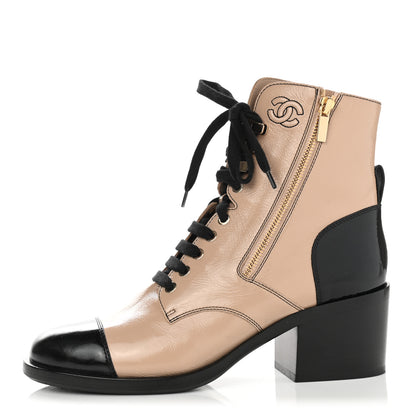 Chanel Patent Calfskin CC Lace Up Short Boots 41 Beige Black 1 of 10
