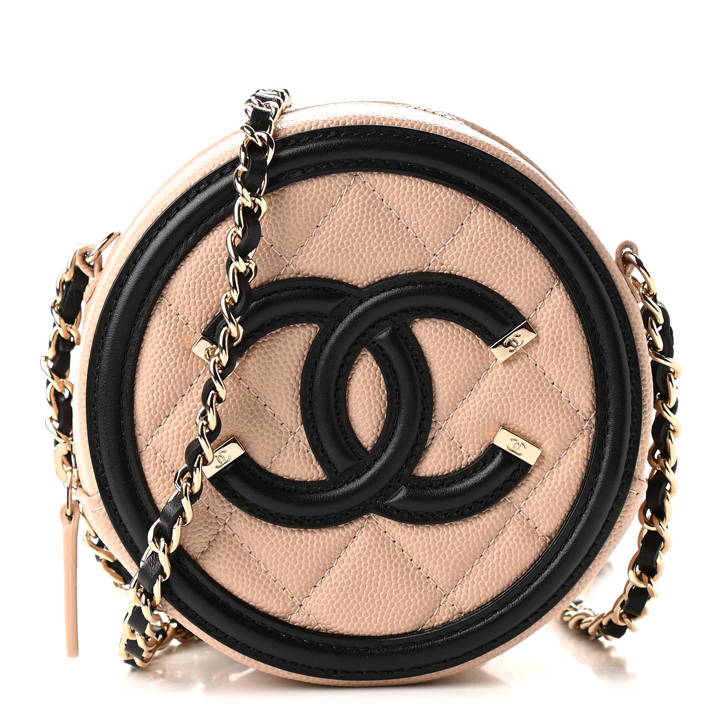 Caviar Quilted Round Filigree Crossbody Beige Black