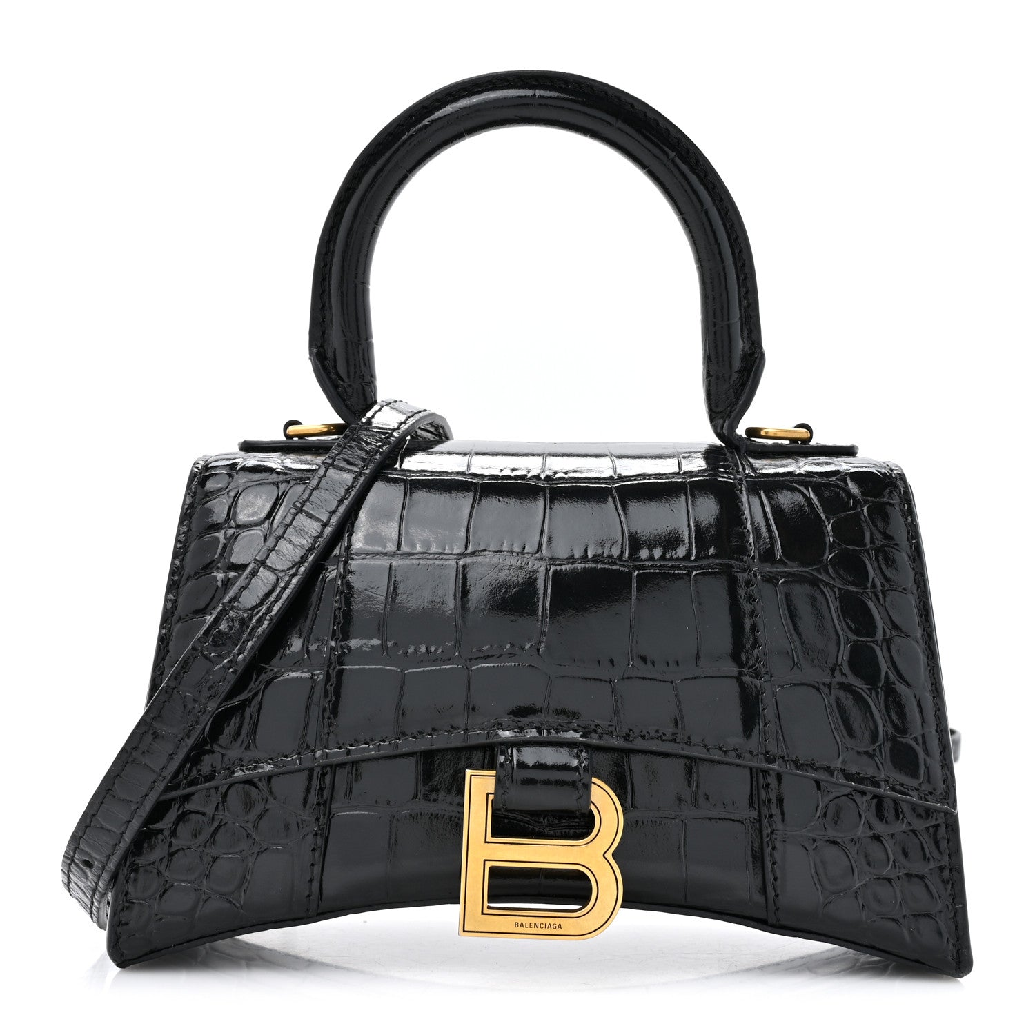 Balenciaga Shiny Calfskin Crocodile Embossed Hourglass Top Handle Bag XS Black 1 of 12