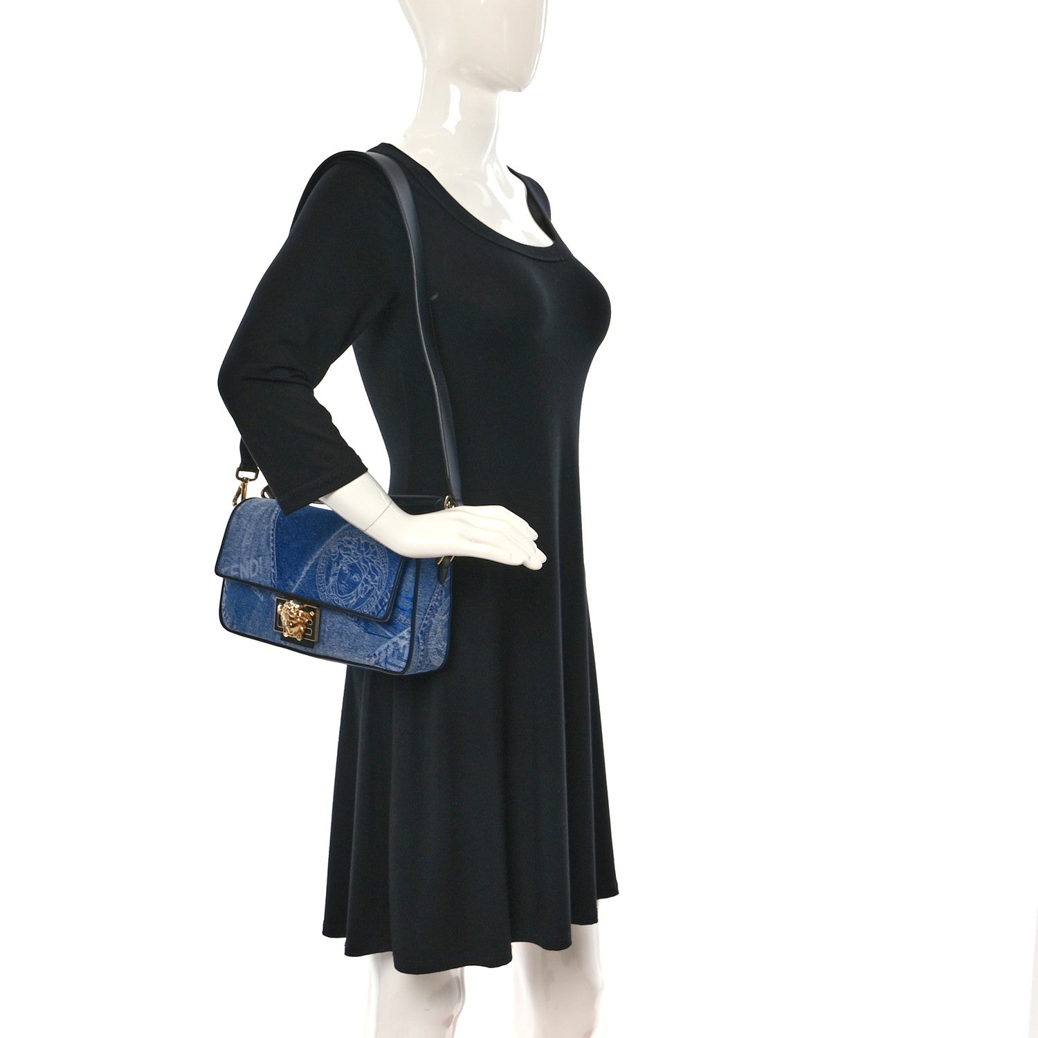 Versace X FENDI Fabric Calfskin Medusa Denim Patchwork Print Baguette Blue Black Gold 2 of 8