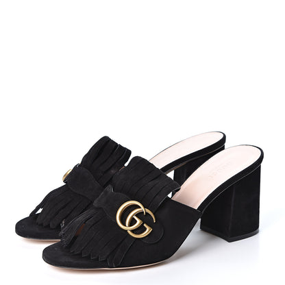 Gucci Kid Scamosciato GG Marmont Fringe 75mm Slide Sandals 40.5 Black 3 of 10