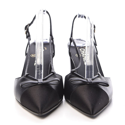 Chanel Lambskin Satin Slingback Cap Toe Bow Pumps 39.5 Black 2 of 9