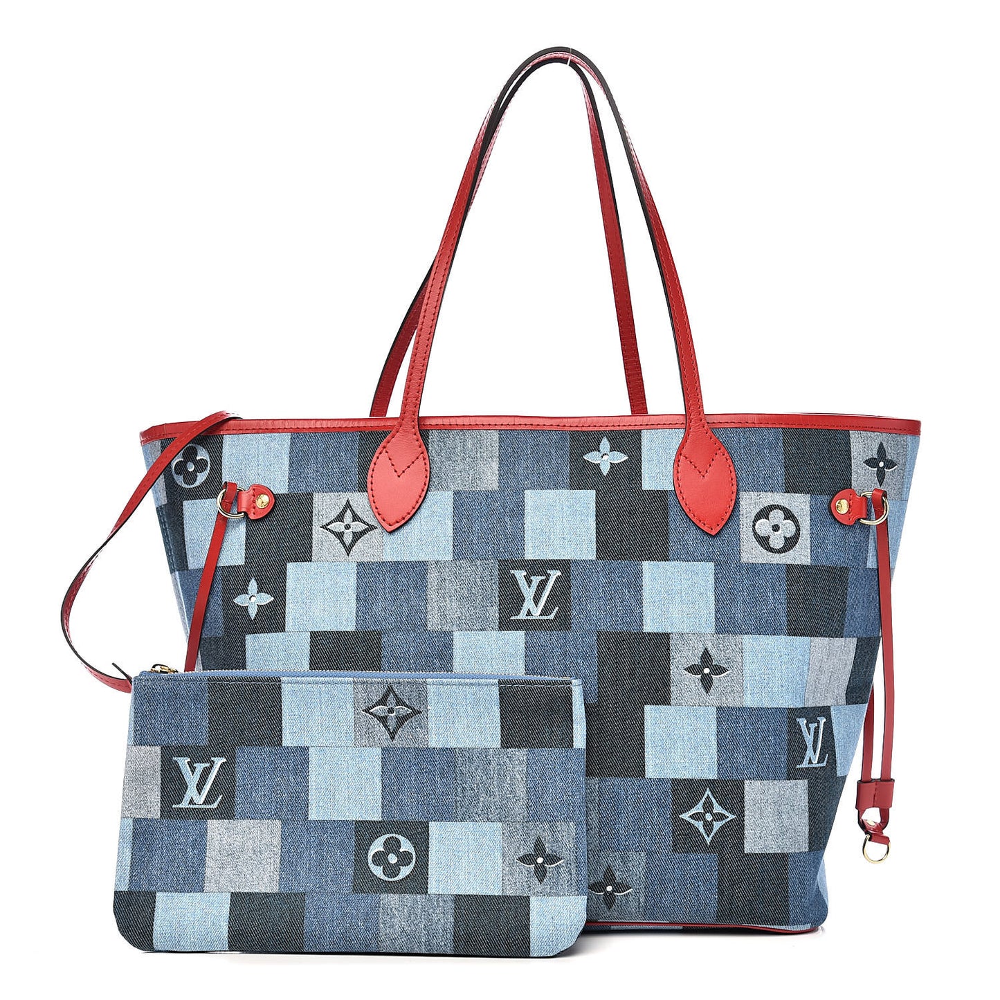 Denim Damier Monogram Patchwork Neverfull Blue Rouge