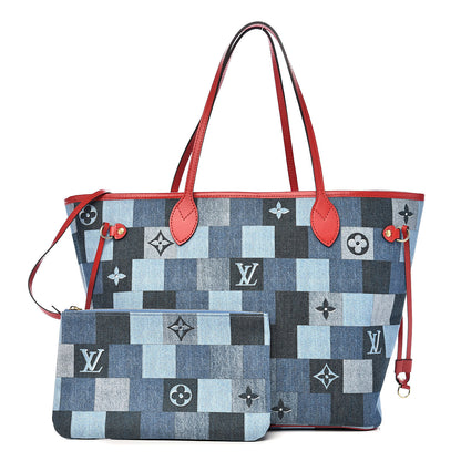 Louis Vuitton Denim Damier Monogram Patchwork Neverfull Blue Rouge 1 of 11