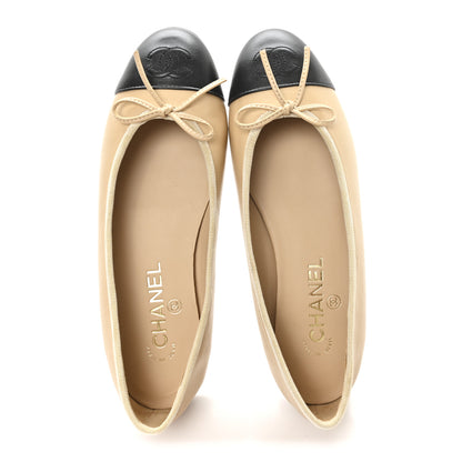 Chanel Lambskin Cap Toe CC Ballerina Flats 37.5 Beige Black 2 of 11